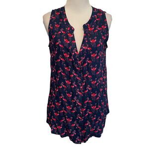Escapada Flamingo Tank Women's Medium Navy Blue & Pink Novelty Bird Print Top